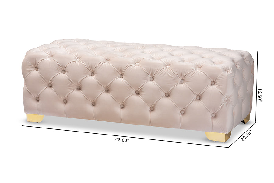 Avara Light Beige Velvet Fabric Upholstered Gold Finished Button Tufted Bench Ottoman