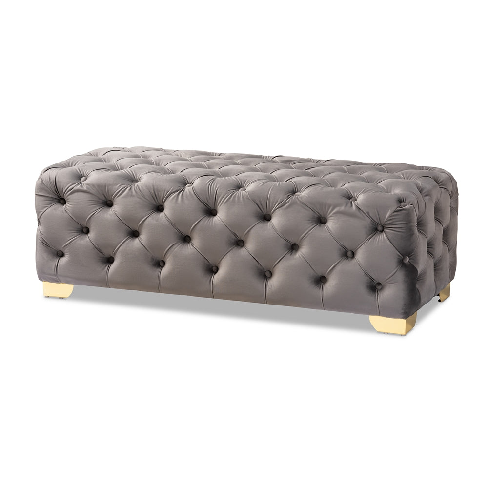Avara and Velvet Fabric Upholstered Gold Finished Button Tufted Bench Ottoman
