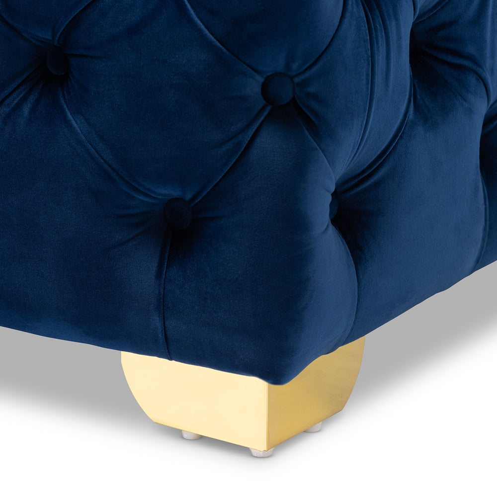 Avara and Velvet Fabric Upholstered Gold Finished Button Tufted Ottoman
