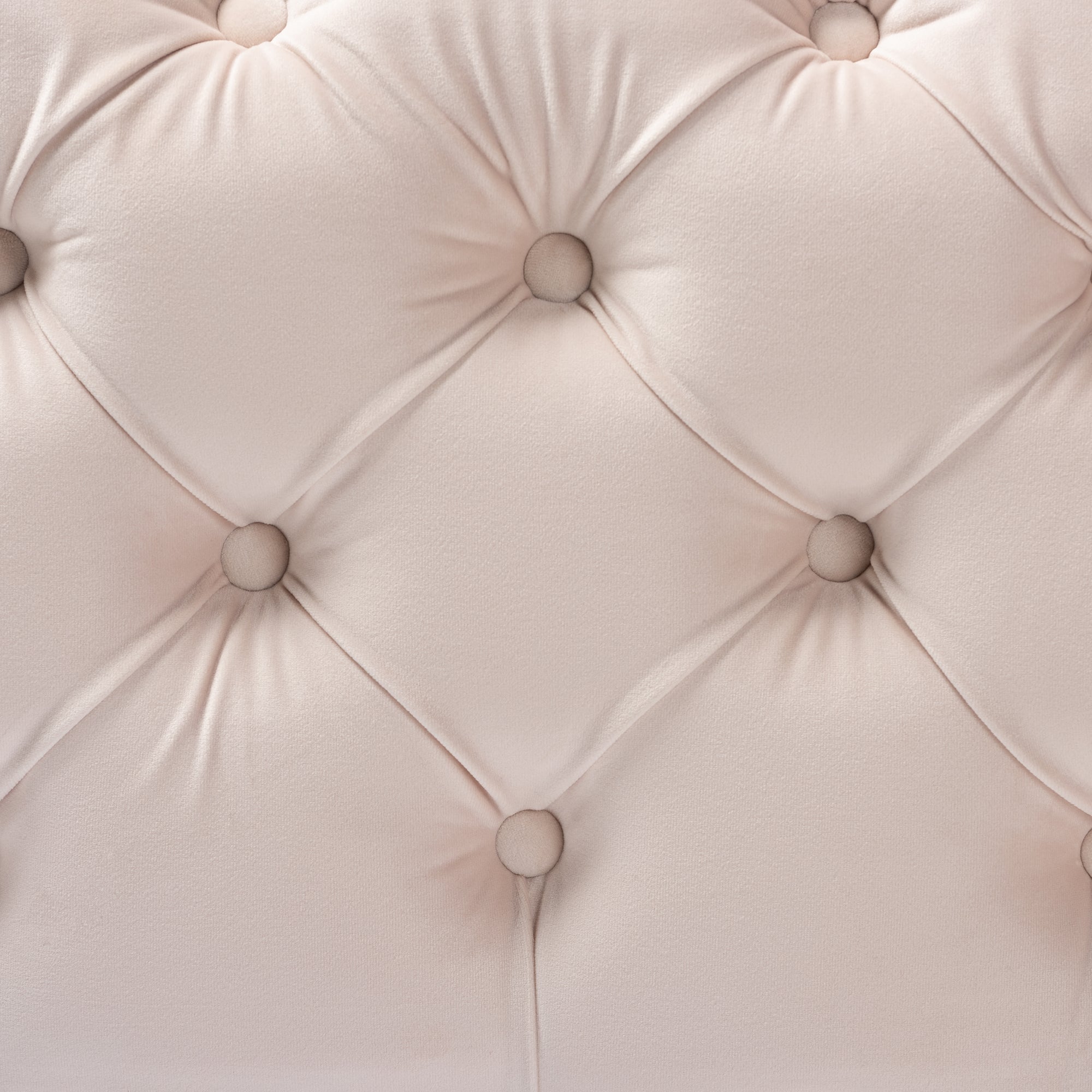 Avara Light Beige Velvet Fabric Upholstered Gold Finished Button Tufted Ottoman