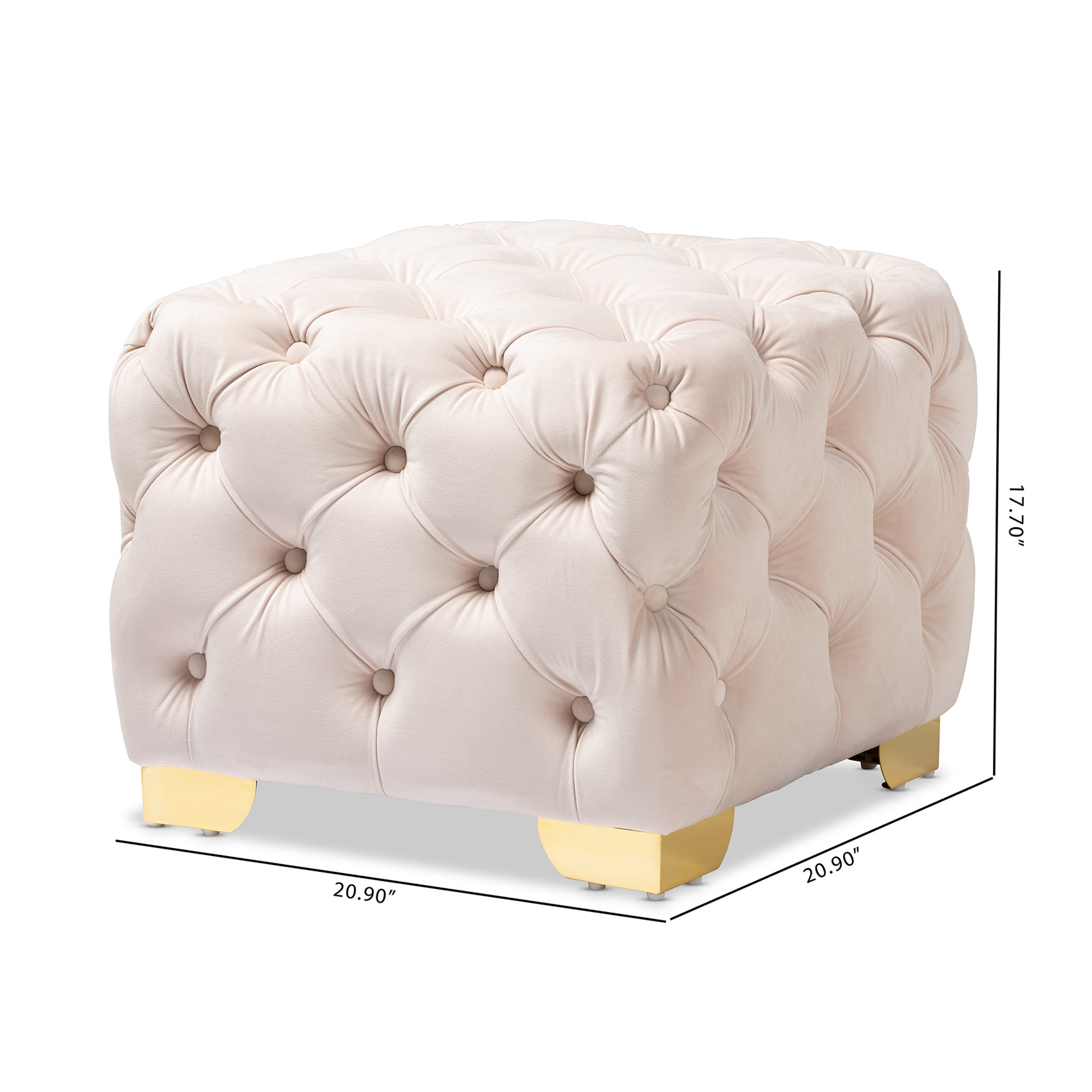 Avara Light Beige Velvet Fabric Upholstered Gold Finished Button Tufted Ottoman