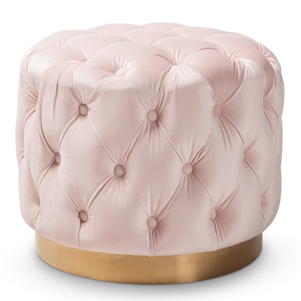 Valeria Royal Velvet Fabric Upholstered Gold-Finished Button Tufted Ottoman