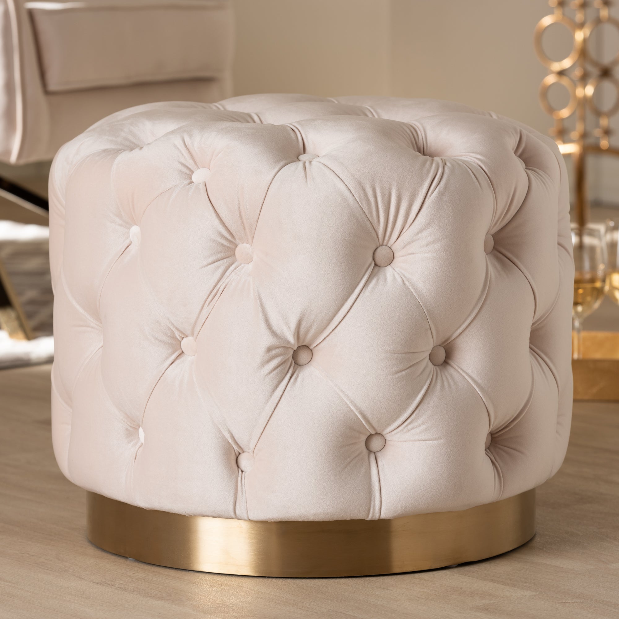 Valeria Light Beige Velvet Fabric Upholstered Gold-Finished Button Tufted Ottoman