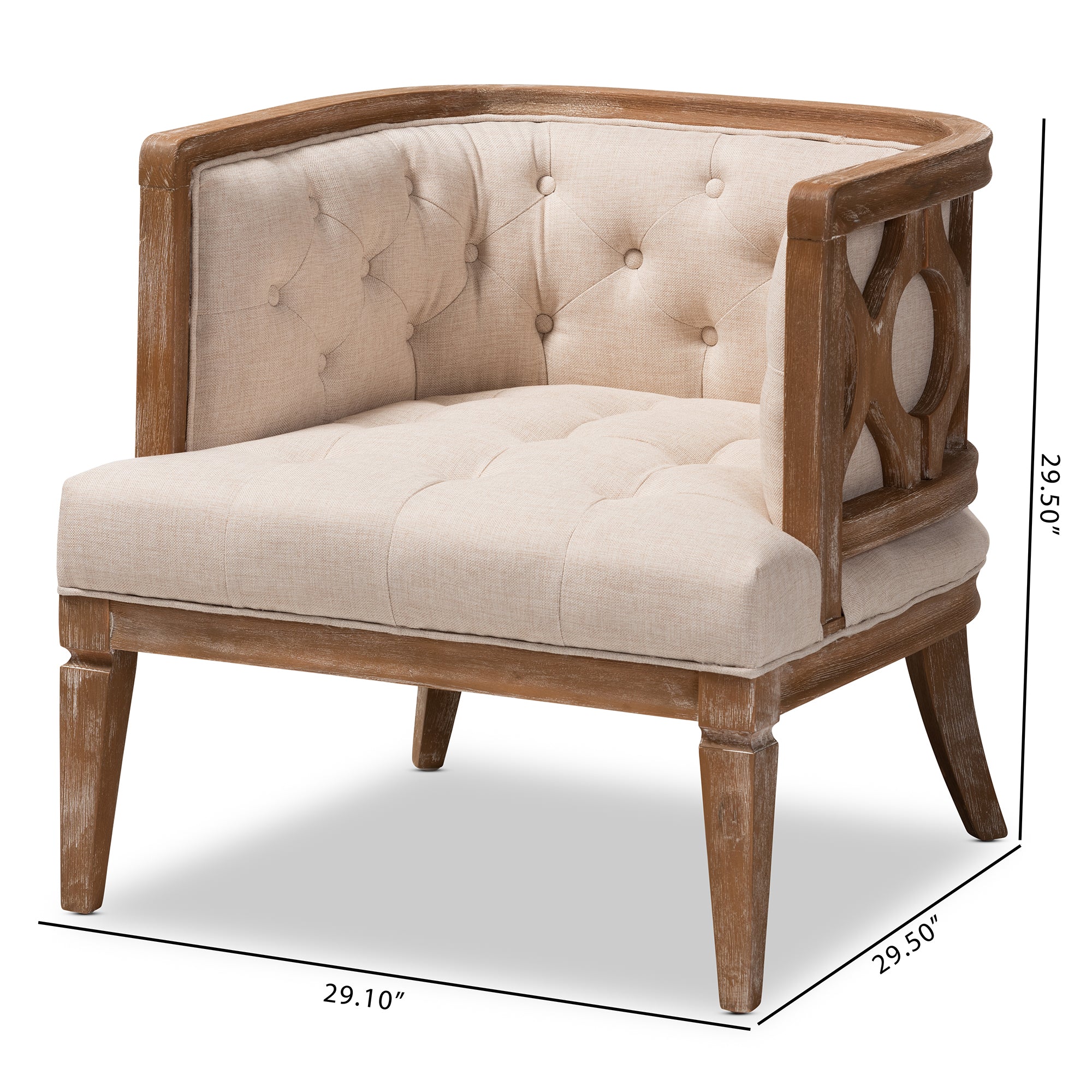 Esme French Provincial Beige Linen Fabric Upholstered and White-Washed Oak Wood Accent Barrel Chair