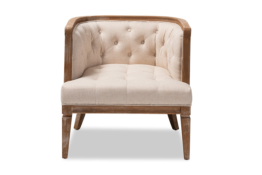 Esme French Provincial Beige Linen Fabric Upholstered and White-Washed Oak Wood Accent Barrel Chair