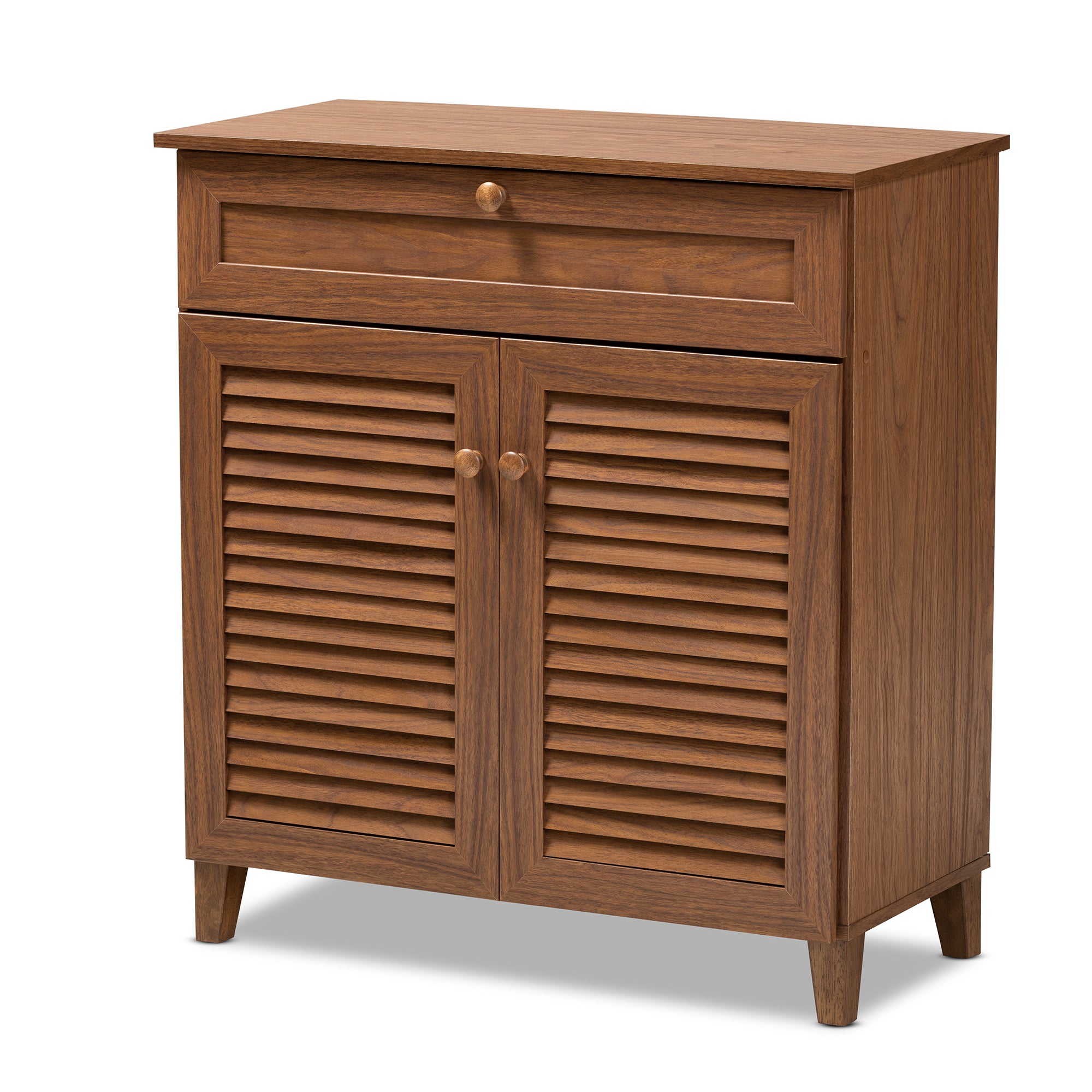 Coolidge Modern and Contemporary Walnut Finished 4-Shelf Wood Shoe Storage Cabinet with Drawer