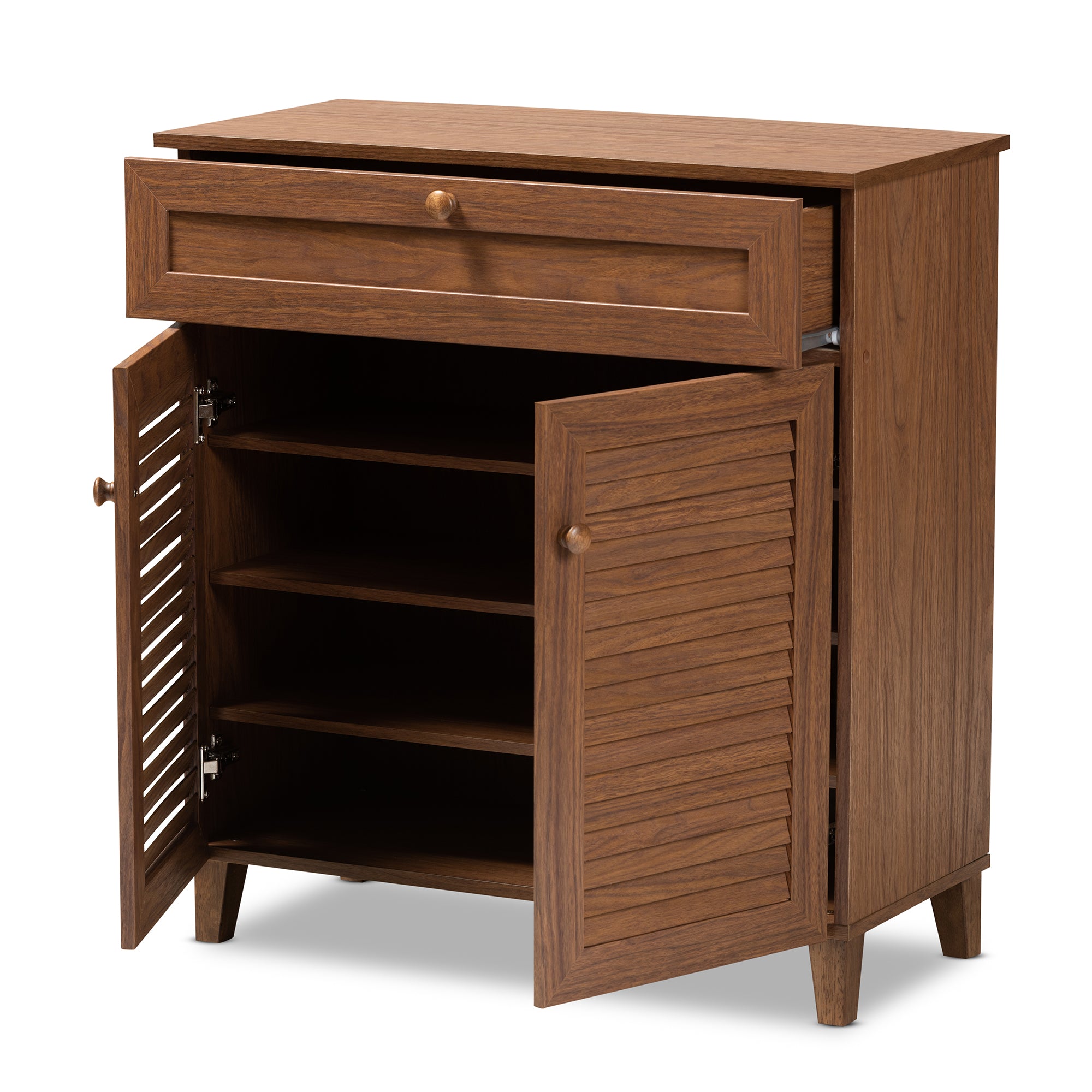 Baxton Studio Coolidge Modern and Contemporary Walnut Finished 4-Shelf Wood Shoe Storage Cabinet with Drawer