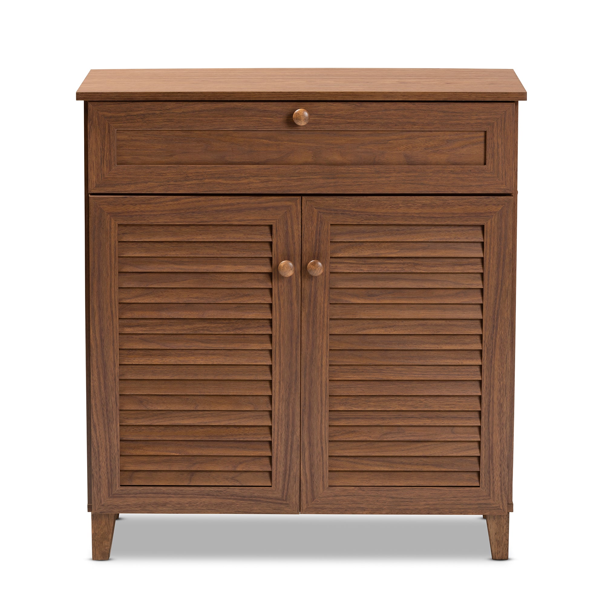 Coolidge Modern and Contemporary Walnut Finished 4-Shelf Wood Shoe Storage Cabinet with Drawer