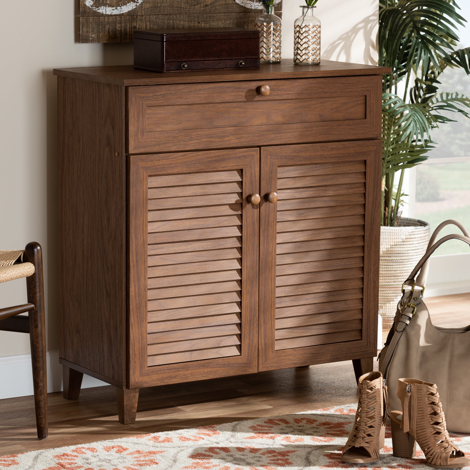 Coolidge Modern and Contemporary Walnut Finished 4-Shelf Wood Shoe Storage Cabinet with Drawer