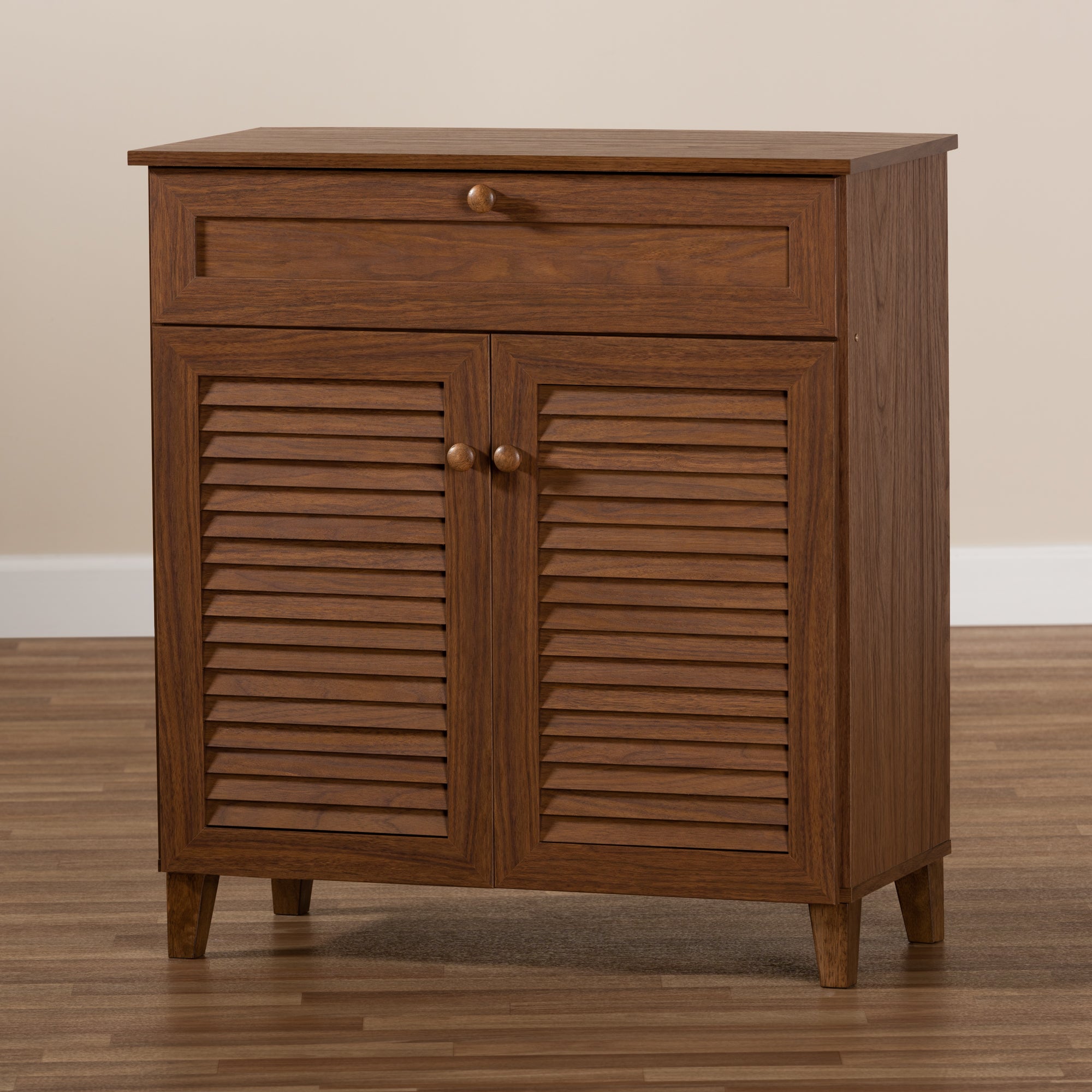 Coolidge Modern and Contemporary Walnut Finished 4-Shelf Wood Shoe Storage Cabinet with Drawer