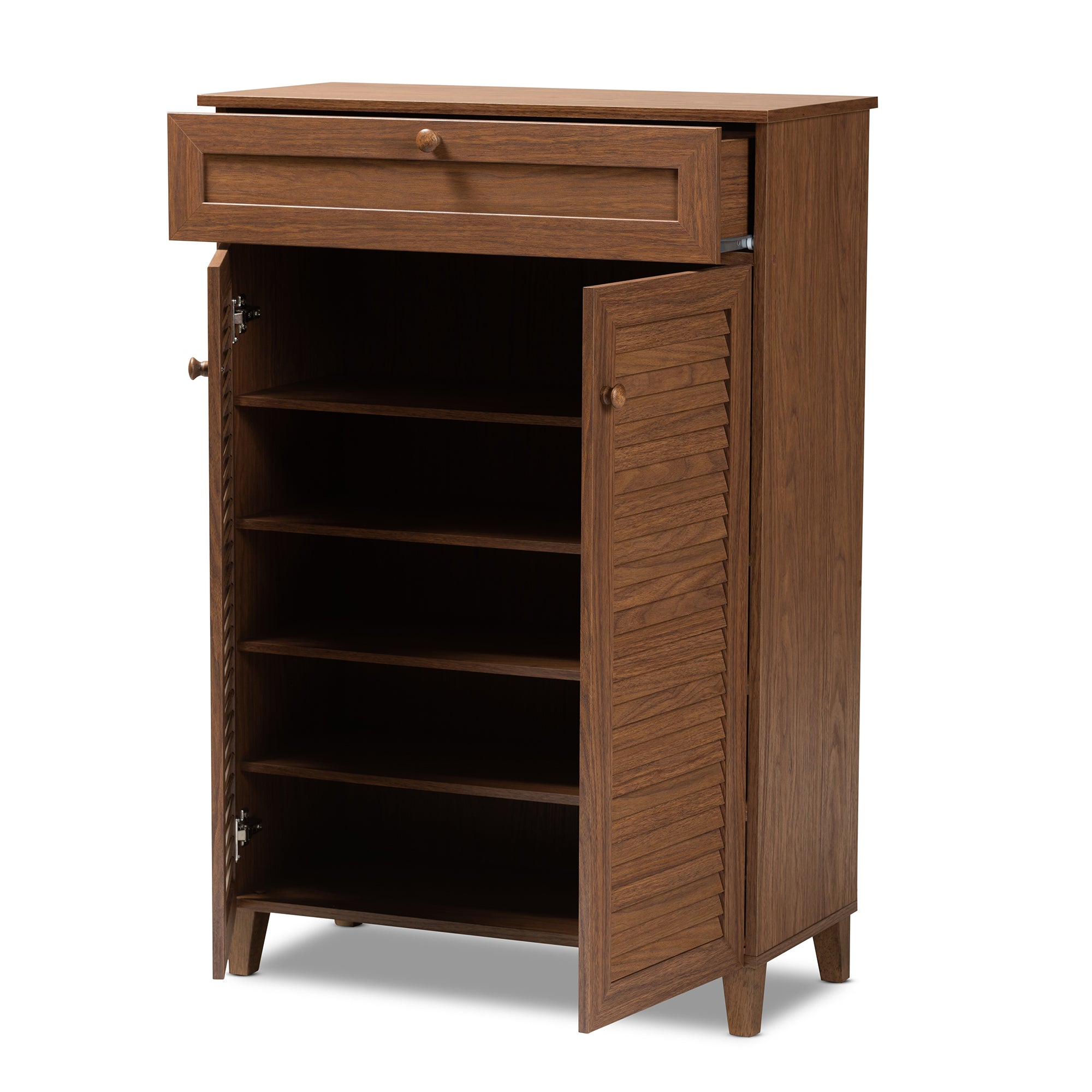 Coolidge Modern and Contemporary Walnut Finished 5-Shelf Wood Shoe Storage Cabinet with Drawer