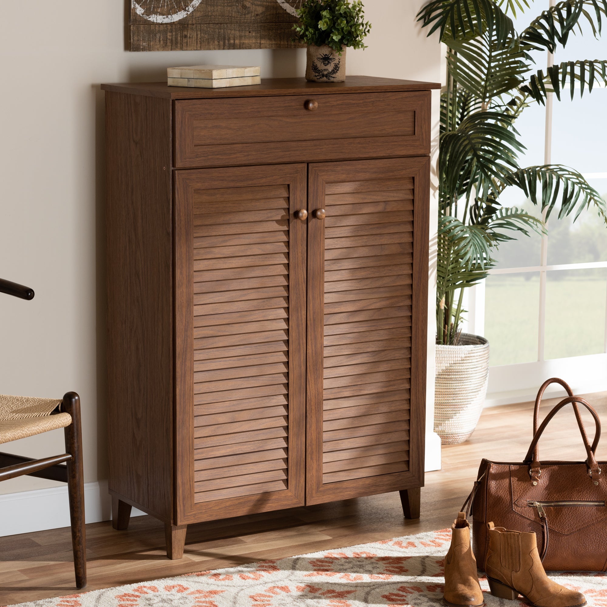 Coolidge Modern and Contemporary Walnut Finished 5-Shelf Wood Shoe Storage Cabinet with Drawer