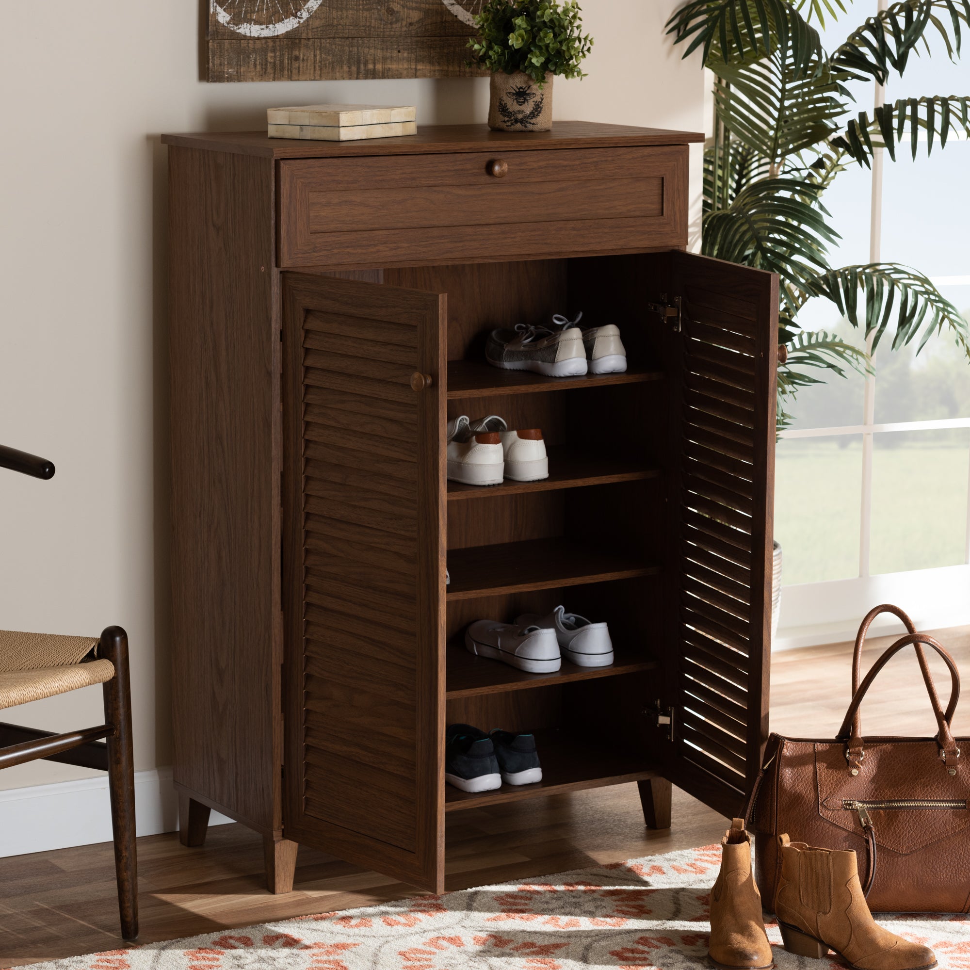 Coolidge Modern and Contemporary Walnut Finished 5-Shelf Wood Shoe Storage Cabinet with Drawer
