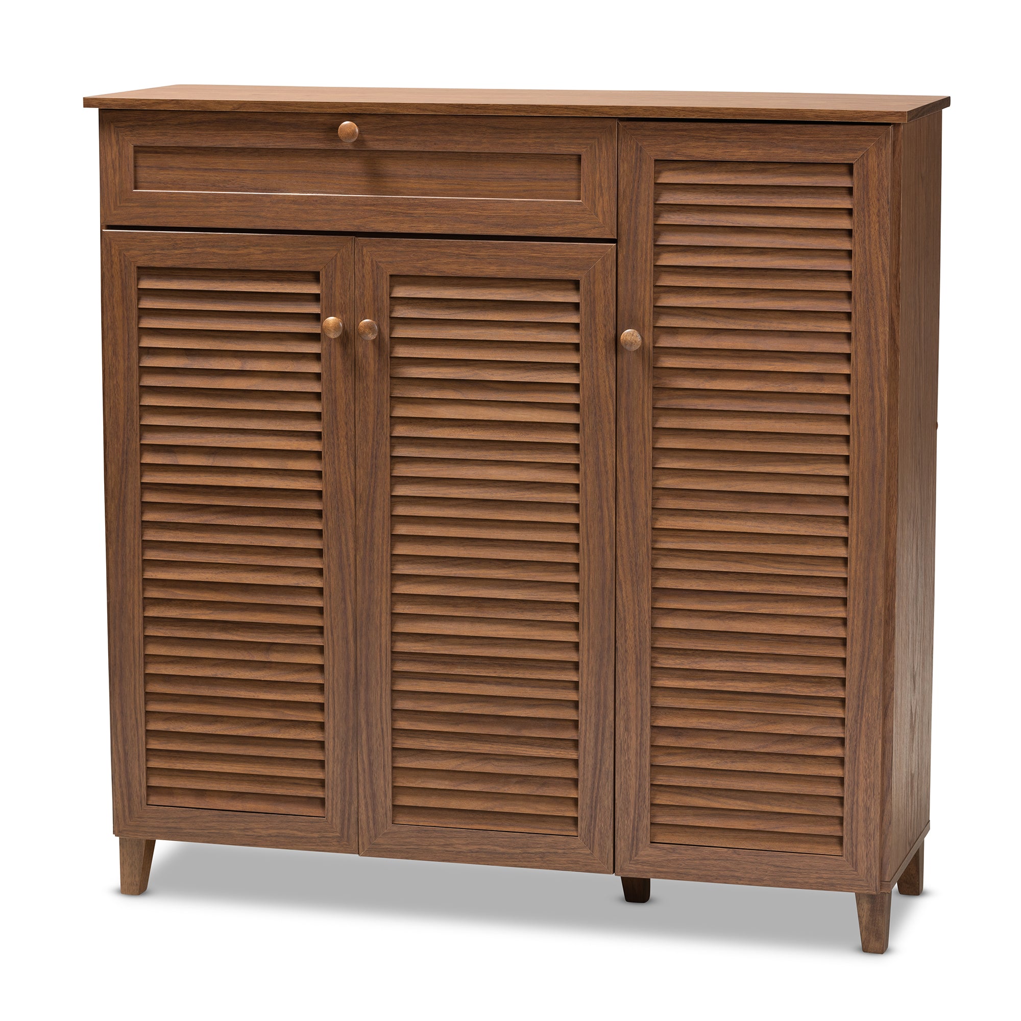 Coolidge Modern and Contemporary Walnut Finished 11-Shelf Wood Shoe Storage Cabinet with Drawer