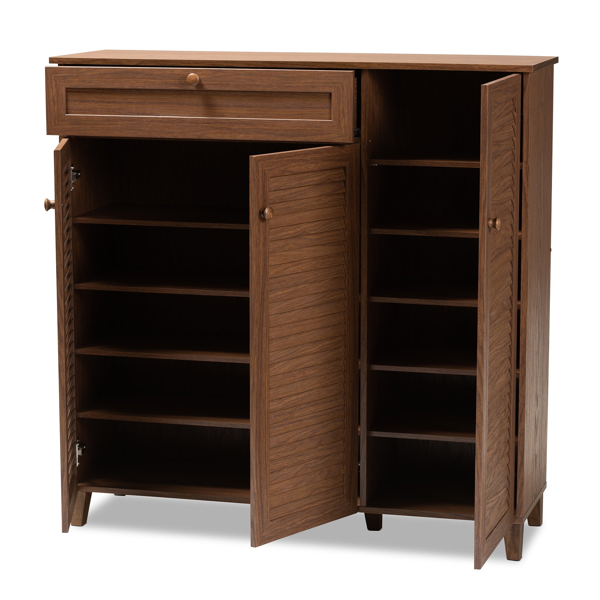 Coolidge Modern and Contemporary Walnut Finished 11-Shelf Wood Shoe Storage Cabinet with Drawer