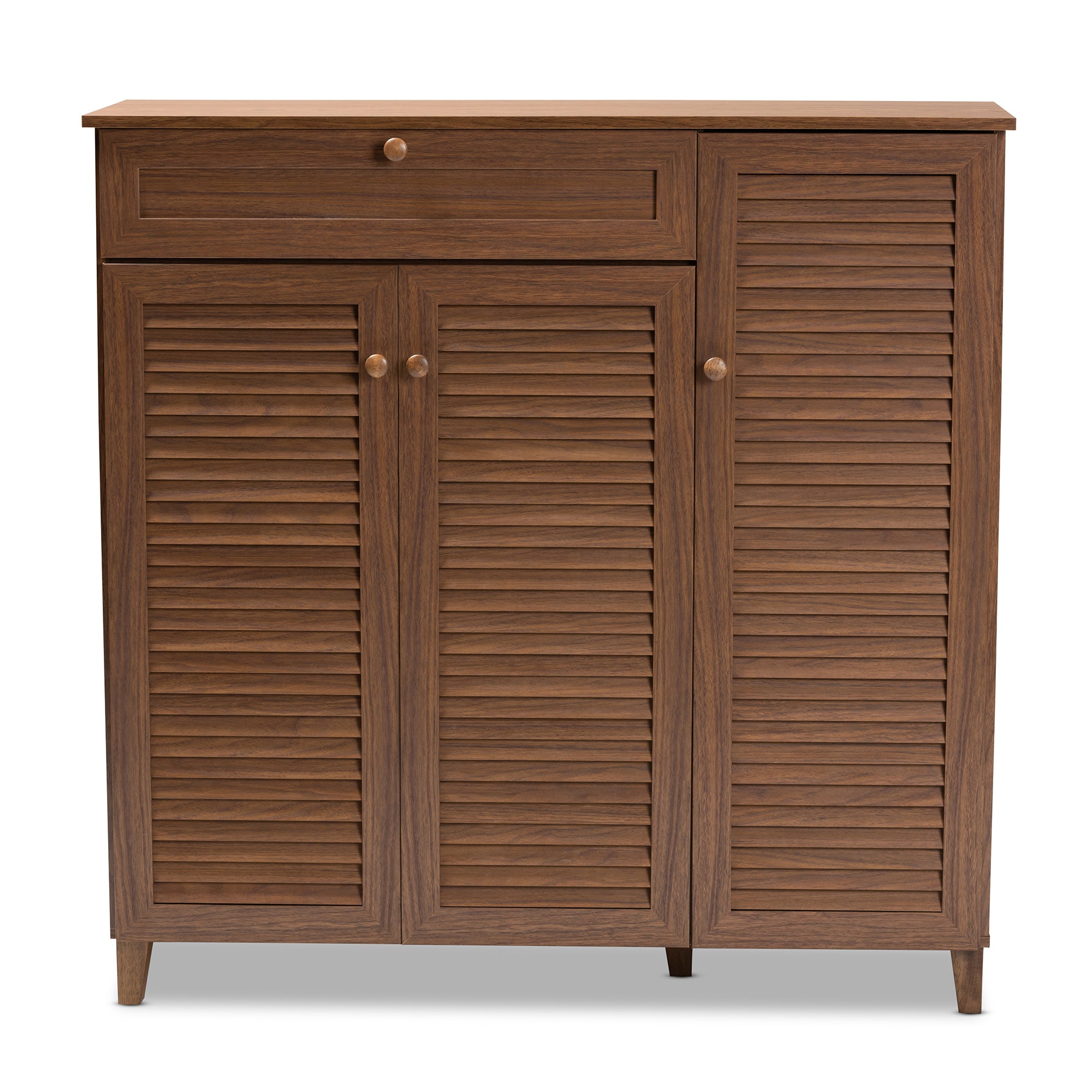 Coolidge Modern and Contemporary Walnut Finished 11-Shelf Wood Shoe Storage Cabinet with Drawer