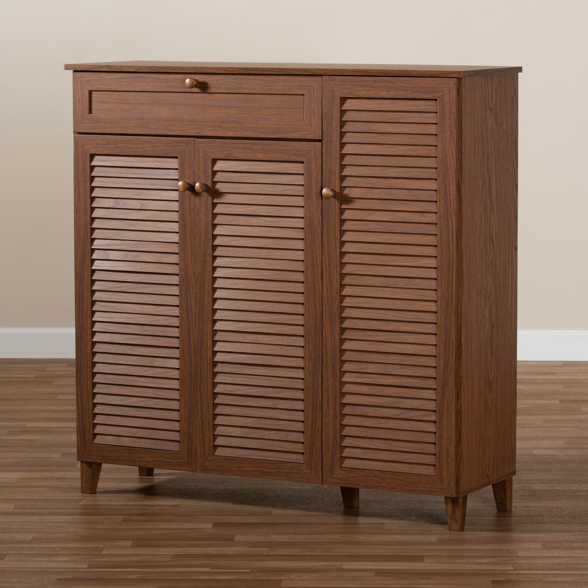 Coolidge Modern and Contemporary Walnut Finished 11-Shelf Wood Shoe Storage Cabinet with Drawer