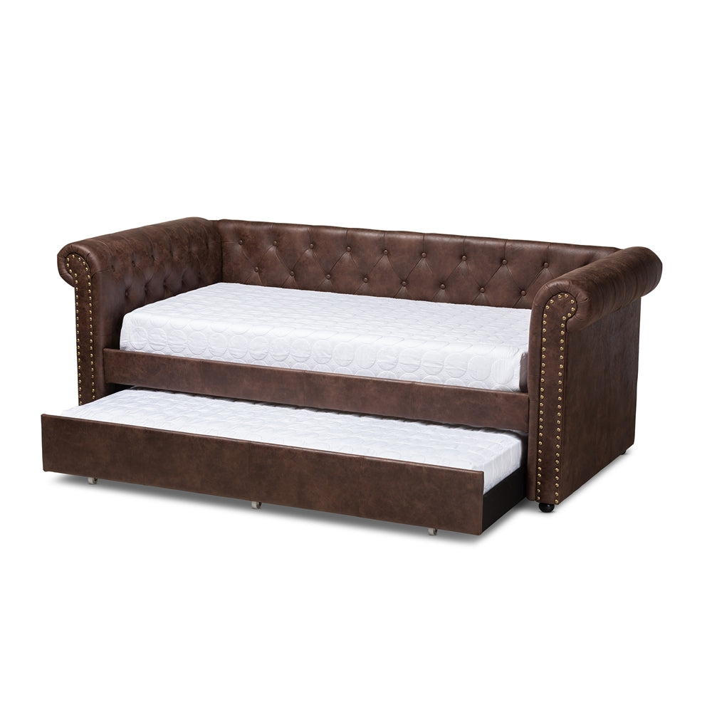 Mabelle Brown Faux Leather Upholstered Daybed with Trundle