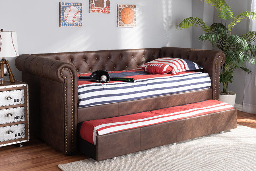 Mabelle Brown Faux Leather Upholstered Daybed with Trundle