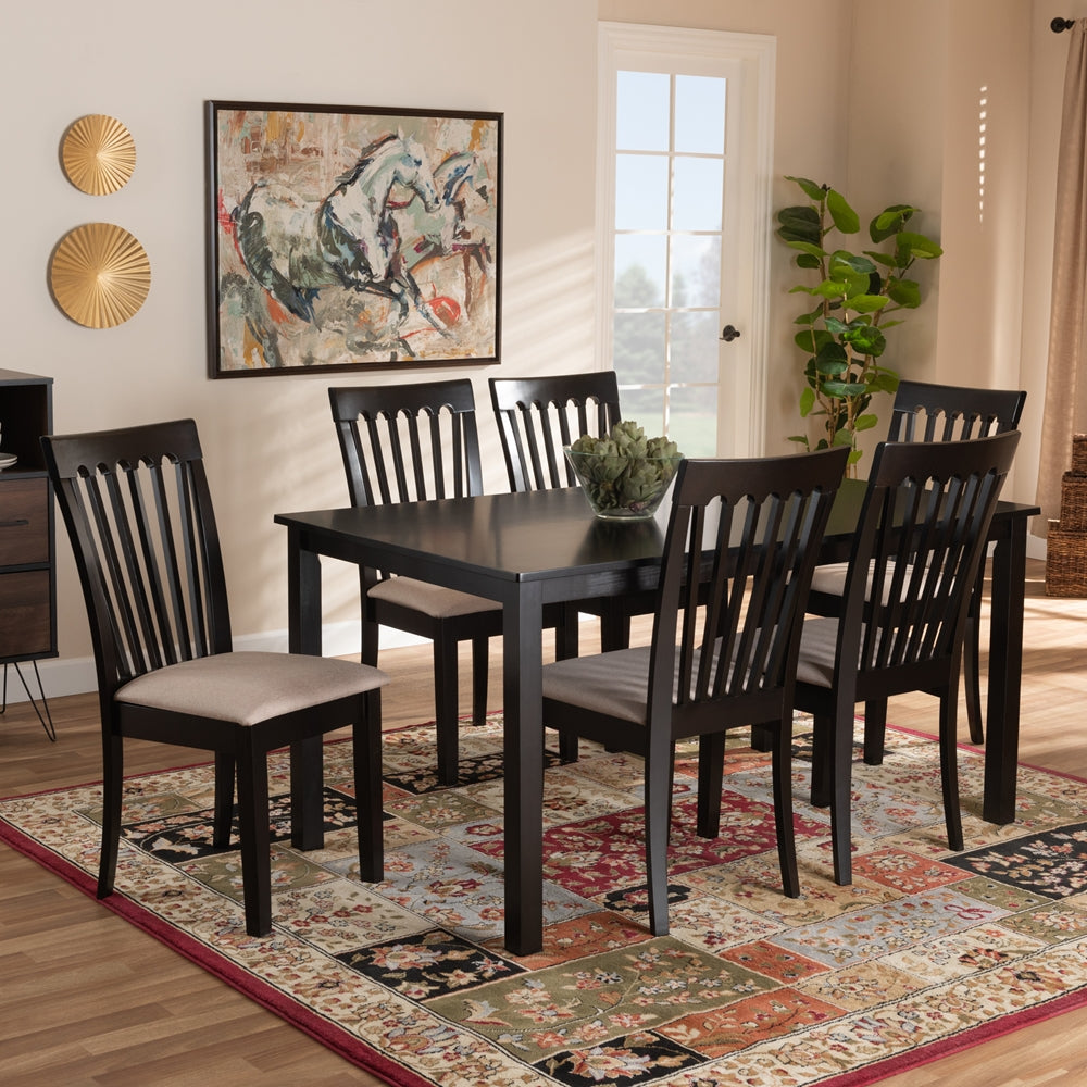 Minette Modern and Contemporary Sand Fabric Upholstered Espresso Brown Finished Wood 7-Piece Dining Set