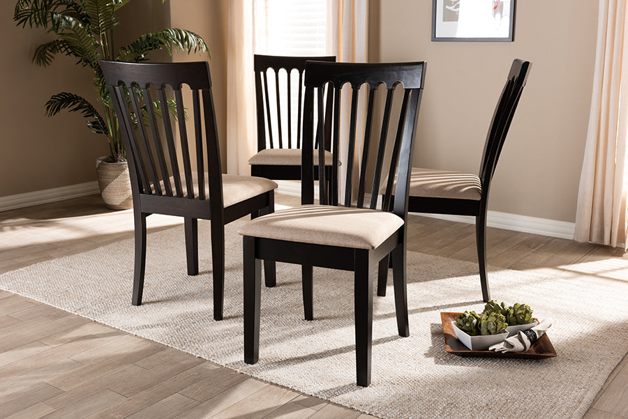Minette Modern and Contemporary Sand Fabric Upholstered Espresso Brown Finished Wood Dining Chair Set of 4
