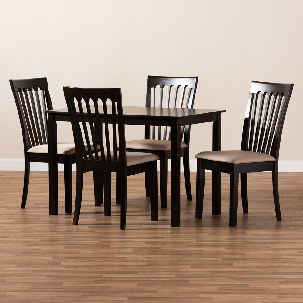 Minette Modern and Contemporary Sand Fabric Upholstered Espresso Brown Finished Wood 5-Piece Dining Set