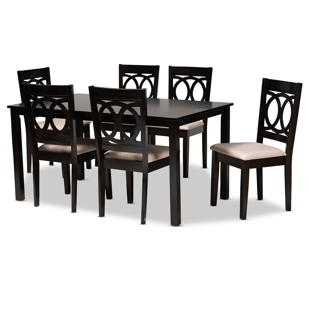 Lenoir Modern and Contemporary Sand Fabric Upholstered Espresso Brown Finished Wood 7-Piece Dining Set