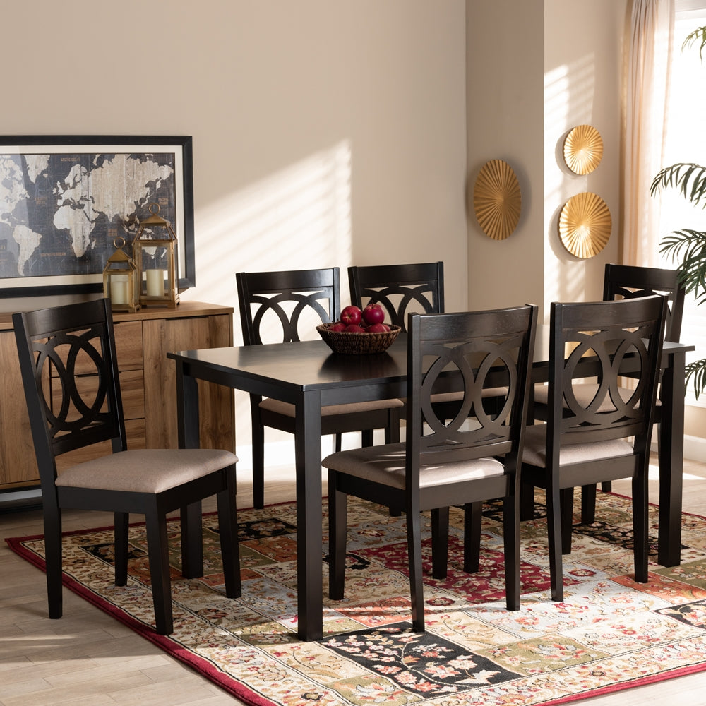 Lenoir Modern and Contemporary Sand Fabric Upholstered Espresso Brown Finished Wood 7-Piece Dining Set