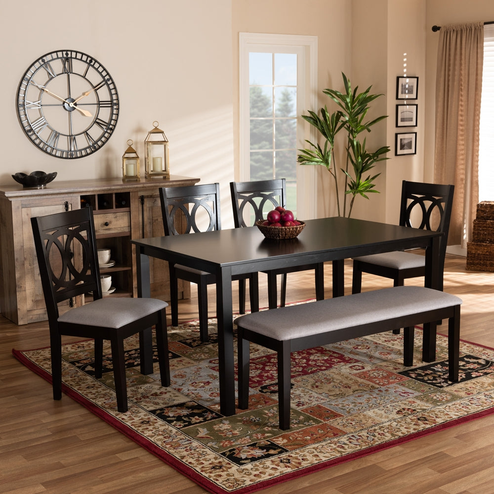 Bennett Modern and Contemporary Grey Fabric Upholstered and Dark Brown Finished Wood 6-Piece Dining Set