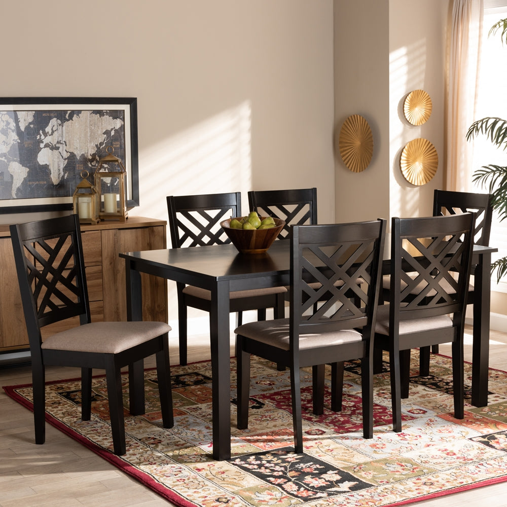 Caron Modern and Contemporary Sand Fabric Upholstered Espresso Brown Finished Wood 7-Piece Dining Set