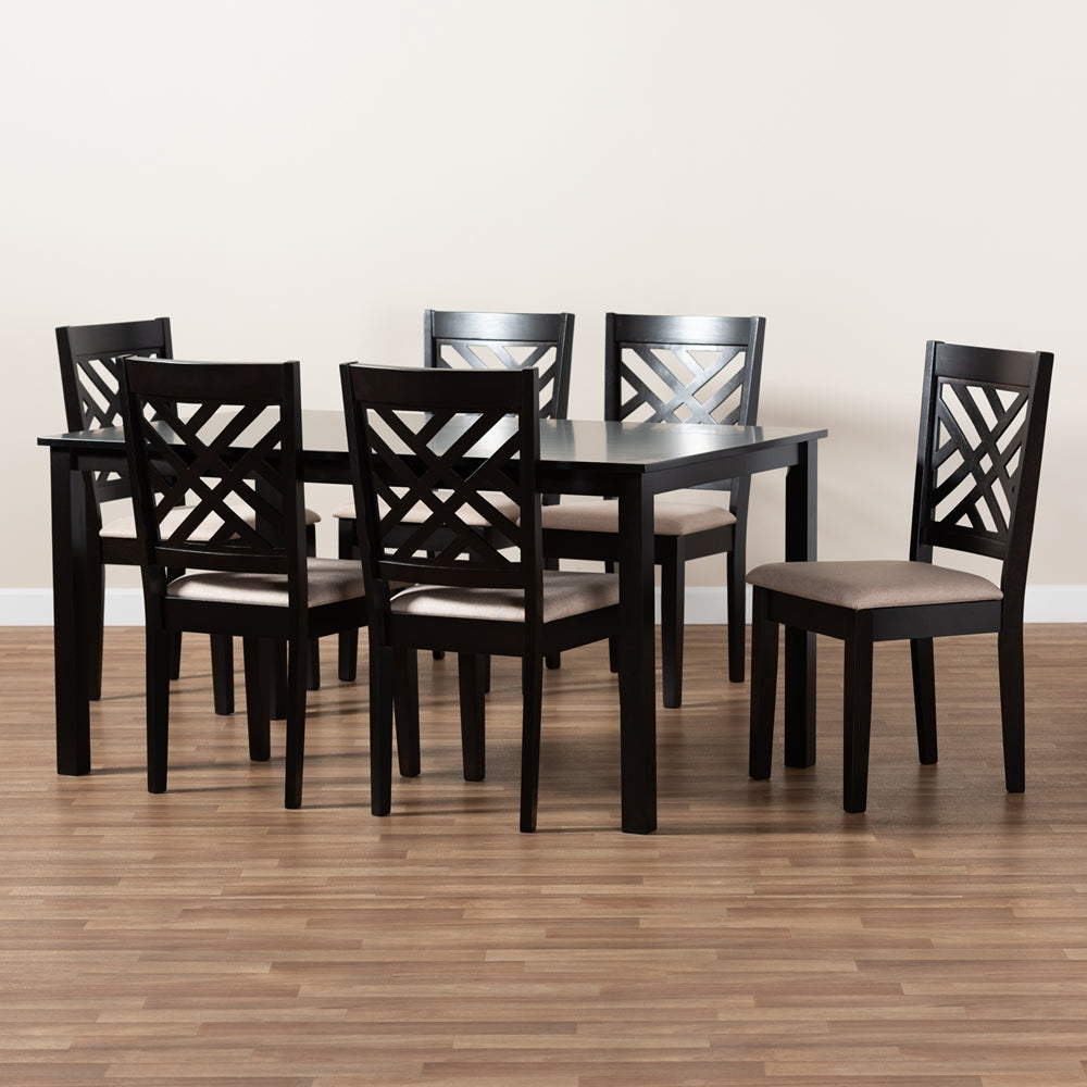 Caron Modern and Contemporary Sand Fabric Upholstered Espresso Brown Finished Wood 7-Piece Dining Set