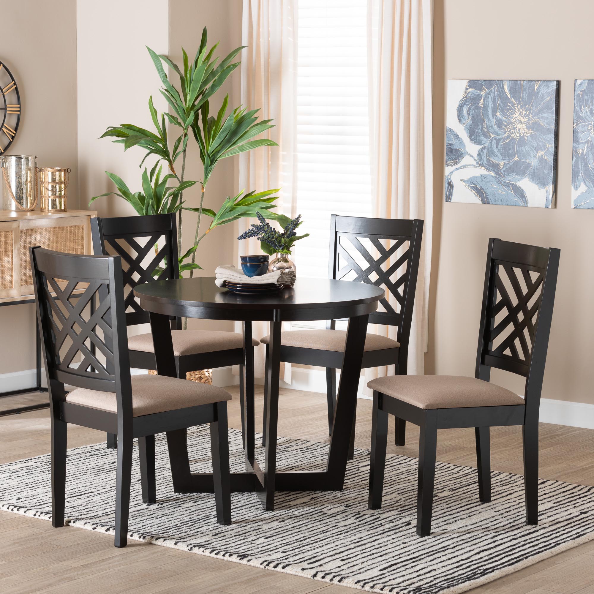 Alena Modern Sand Fabric and Dark Brown Finished Wood 5-Piece Dining Set