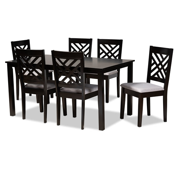 Caron Modern and Contemporary Grey Fabric Upholstered Espresso Brown Finished Wood 7-Piece Dining Set