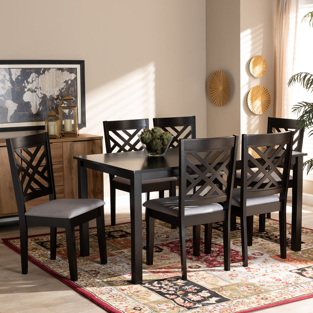 Caron Modern and Contemporary Grey Fabric Upholstered Espresso Brown Finished Wood 7-Piece Dining Set