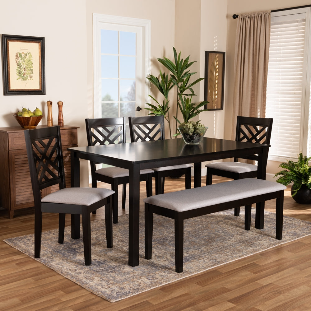 Gustavo Modern and Contemporary Grey Fabric Upholstered and Dark Brown Finished Wood 6-Piece Dining Set