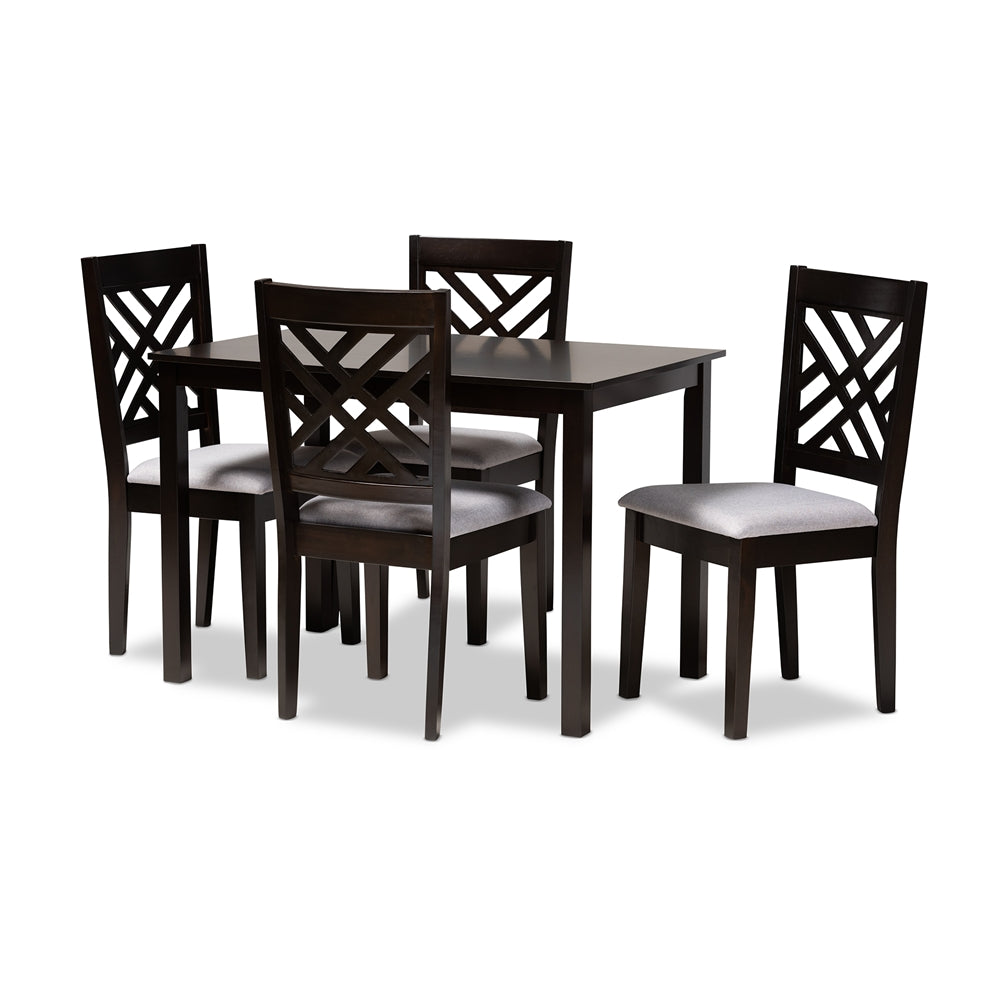Caron Modern and Contemporary Grey Fabric Upholstered Espresso Brown Finished Wood 5-Piece Dining Set