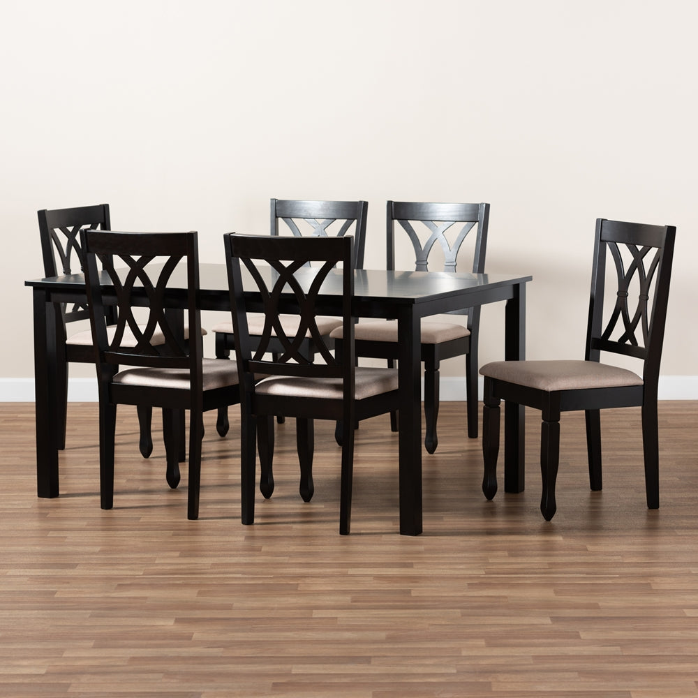 Reneau Modern and Contemporary Sand Fabric Upholstered Espresso Brown Finished Wood 7-Piece Dining Set