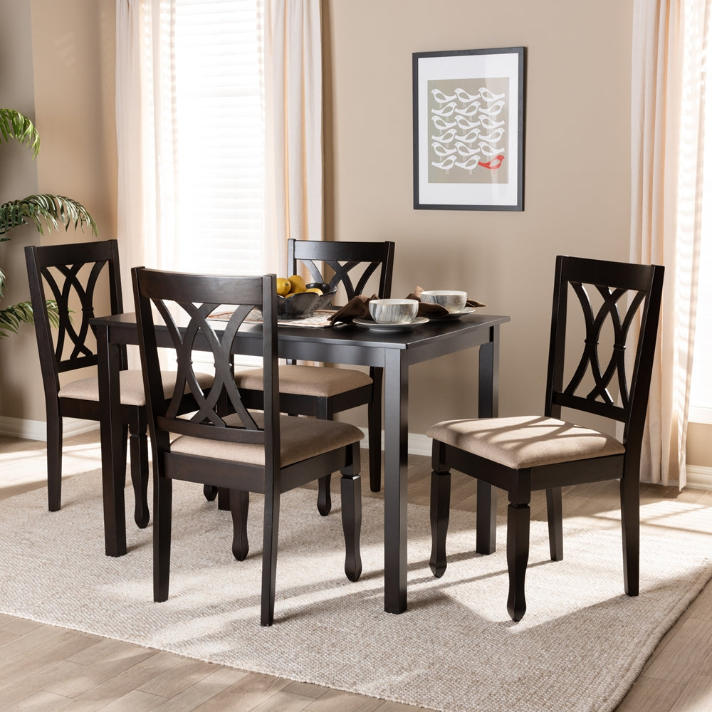 Reneau Modern and Contemporary Sand Fabric Upholstered Espresso Brown Finished Wood 5-Piece Dining Set