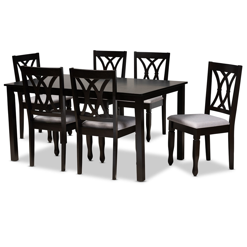 Reneau Modern and Contemporary Grey Fabric Upholstered Espresso Brown Finished Wood 7-Piece Dining Set