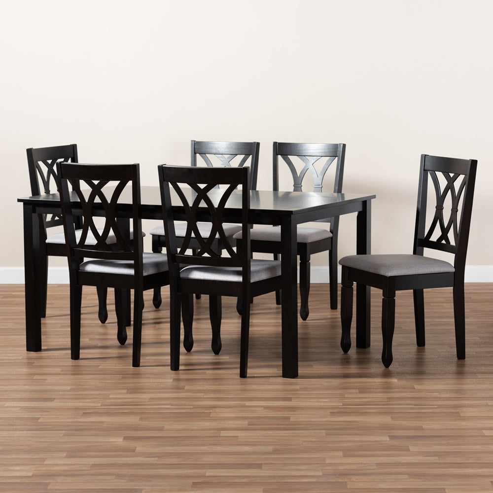 Reneau Modern and Contemporary Grey Fabric Upholstered Espresso Brown Finished Wood 7-Piece Dining Set