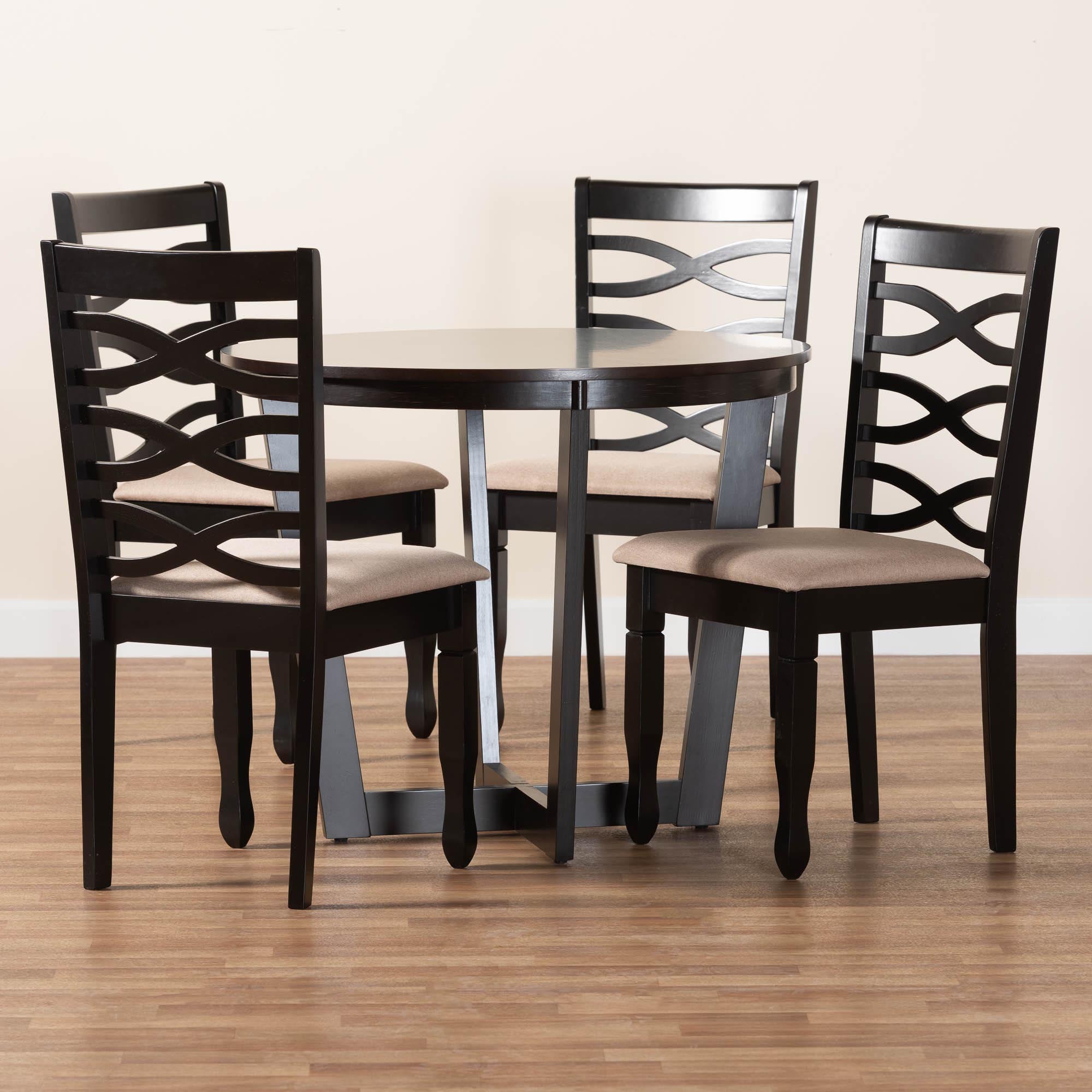 Leda Modern Sand Fabric and Dark Brown Finished Wood 5-Piece Dining Set