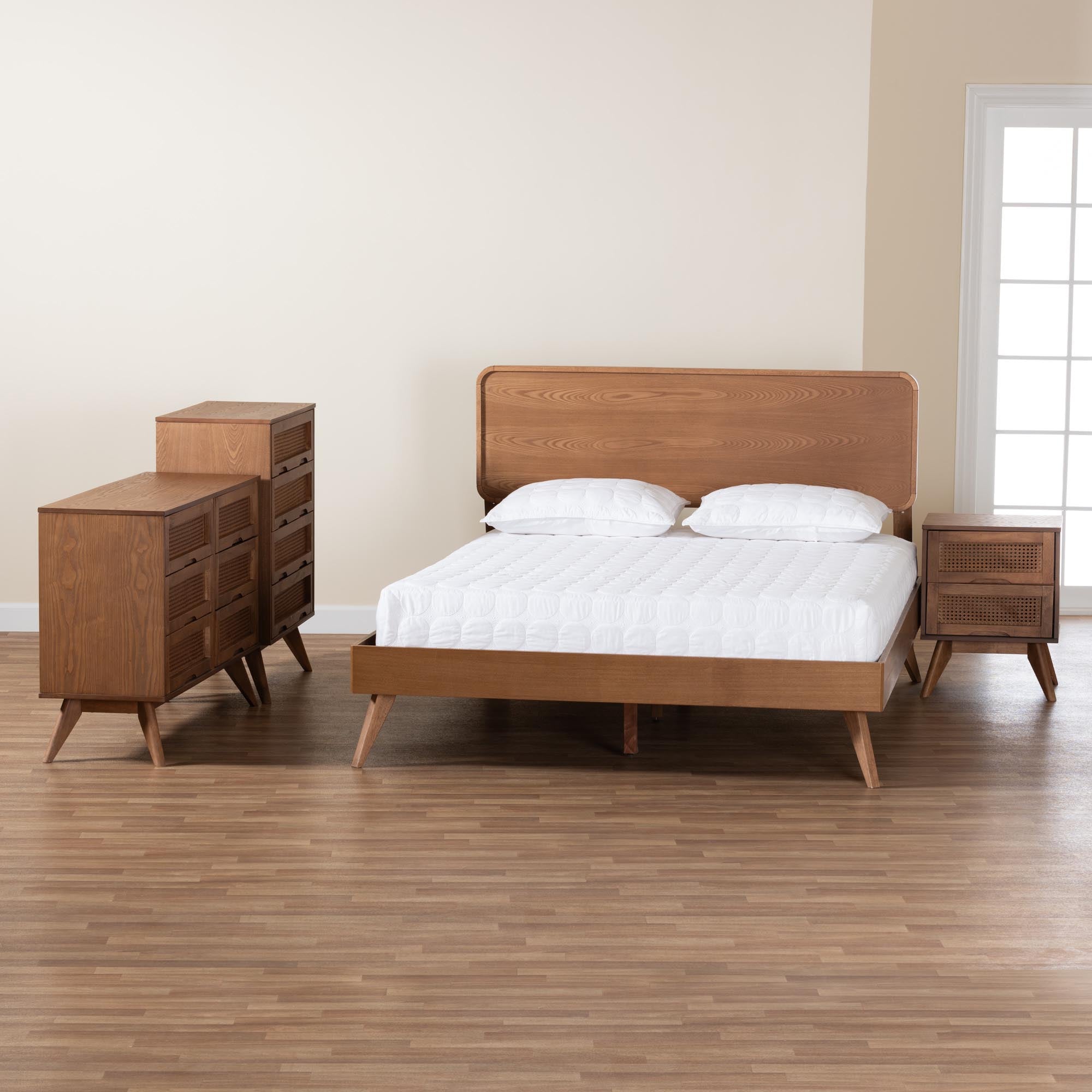 Demeter Mid-Century Modern Walnut Brown Finished Wood King Size 4-Piece Bedroom Set