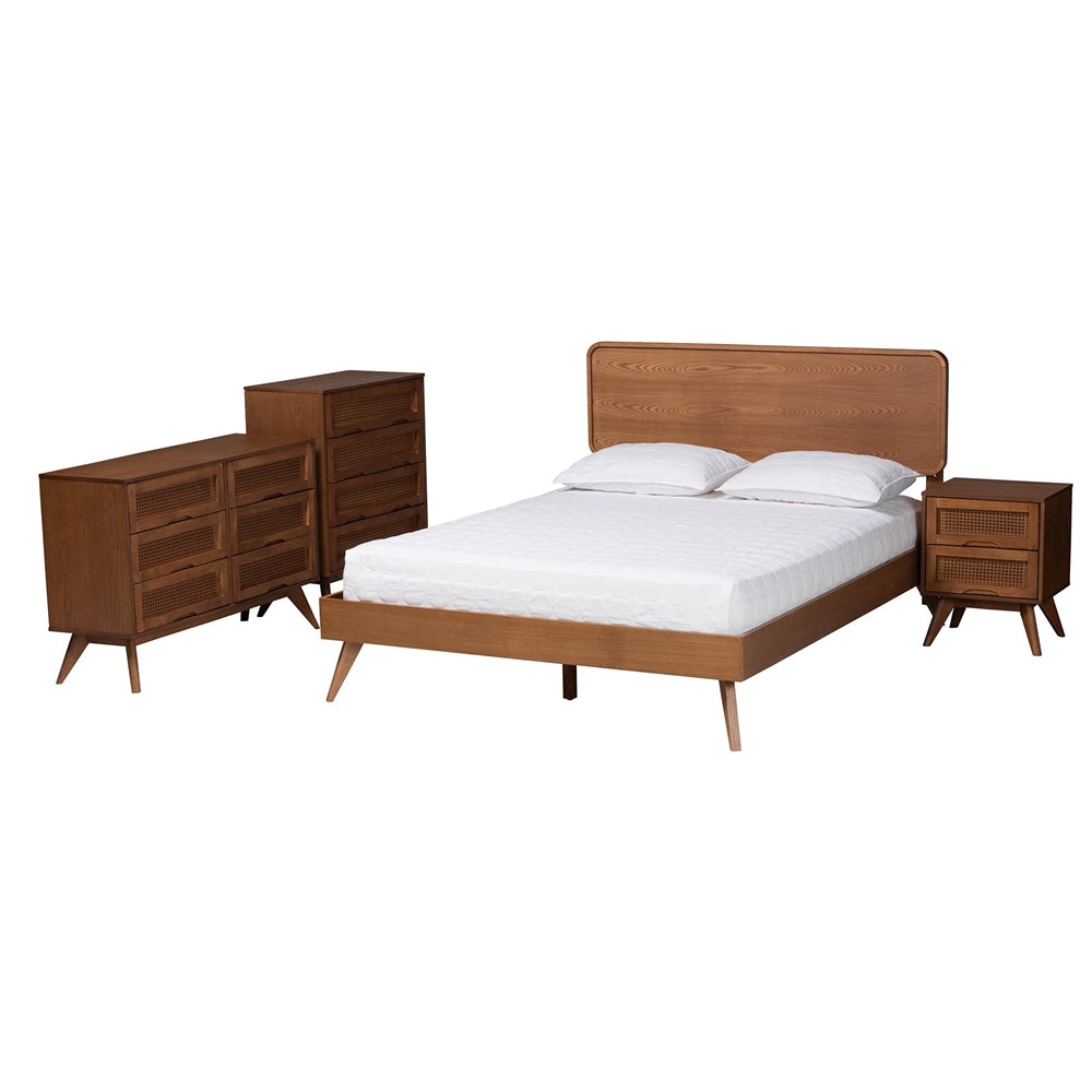 Demeter Mid-Century Modern Walnut Brown Finished Wood King Size 4-Piece Bedroom Set