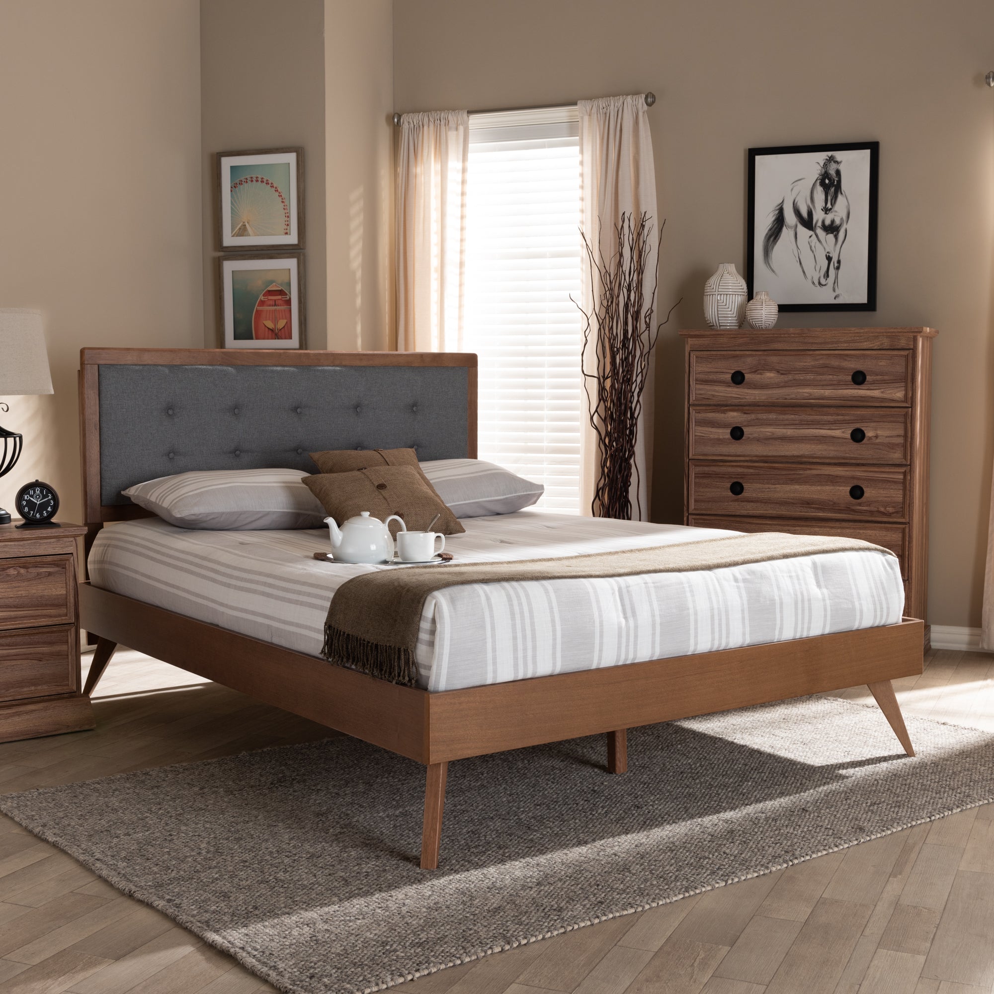 Ines Full Bed Dark Grey Fabric Walnut Finish Mid-Century Style