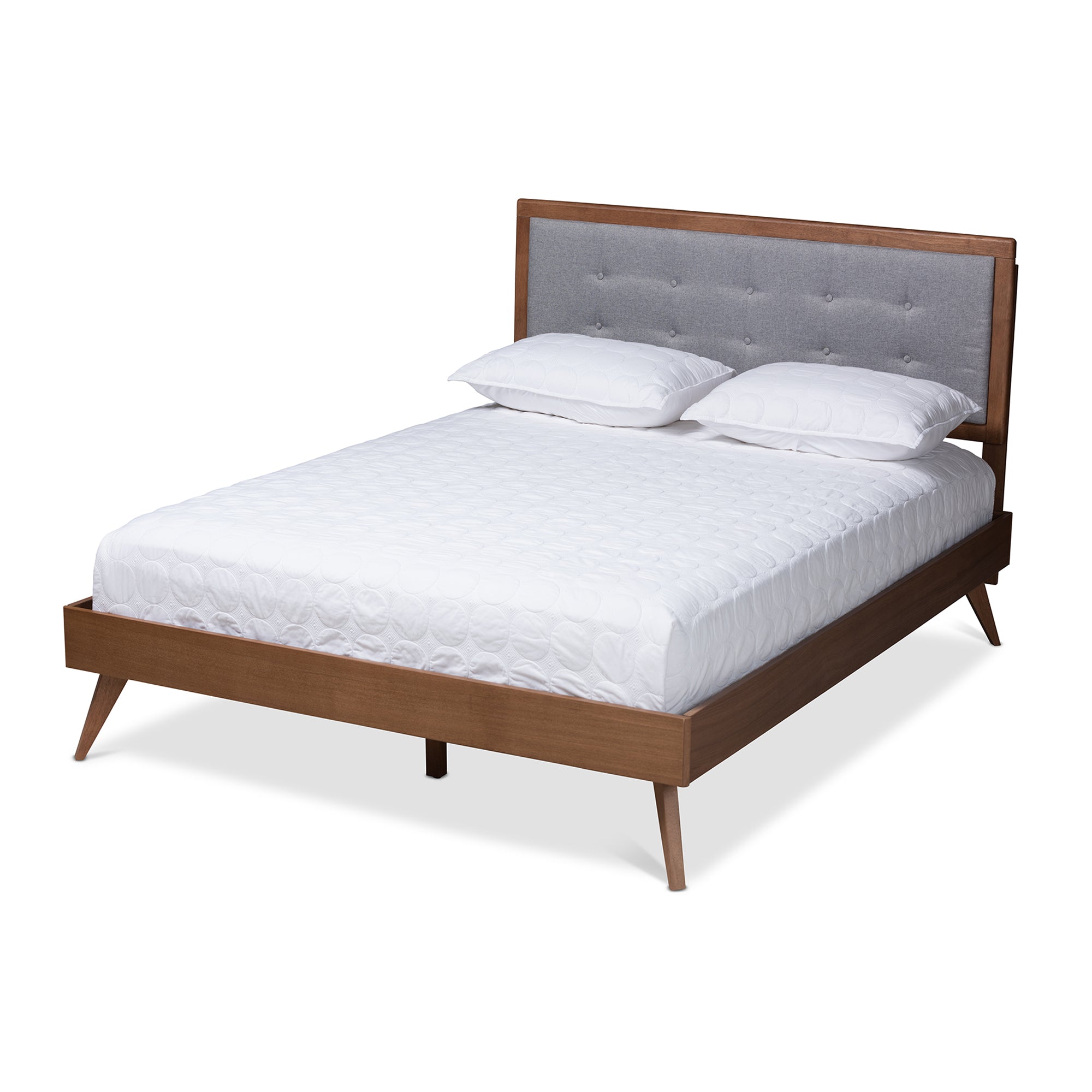 Ines Mid-Century Modern Light Grey Fabric Upholstered Walnut Brown Finished Wood Full Size Platform Bed