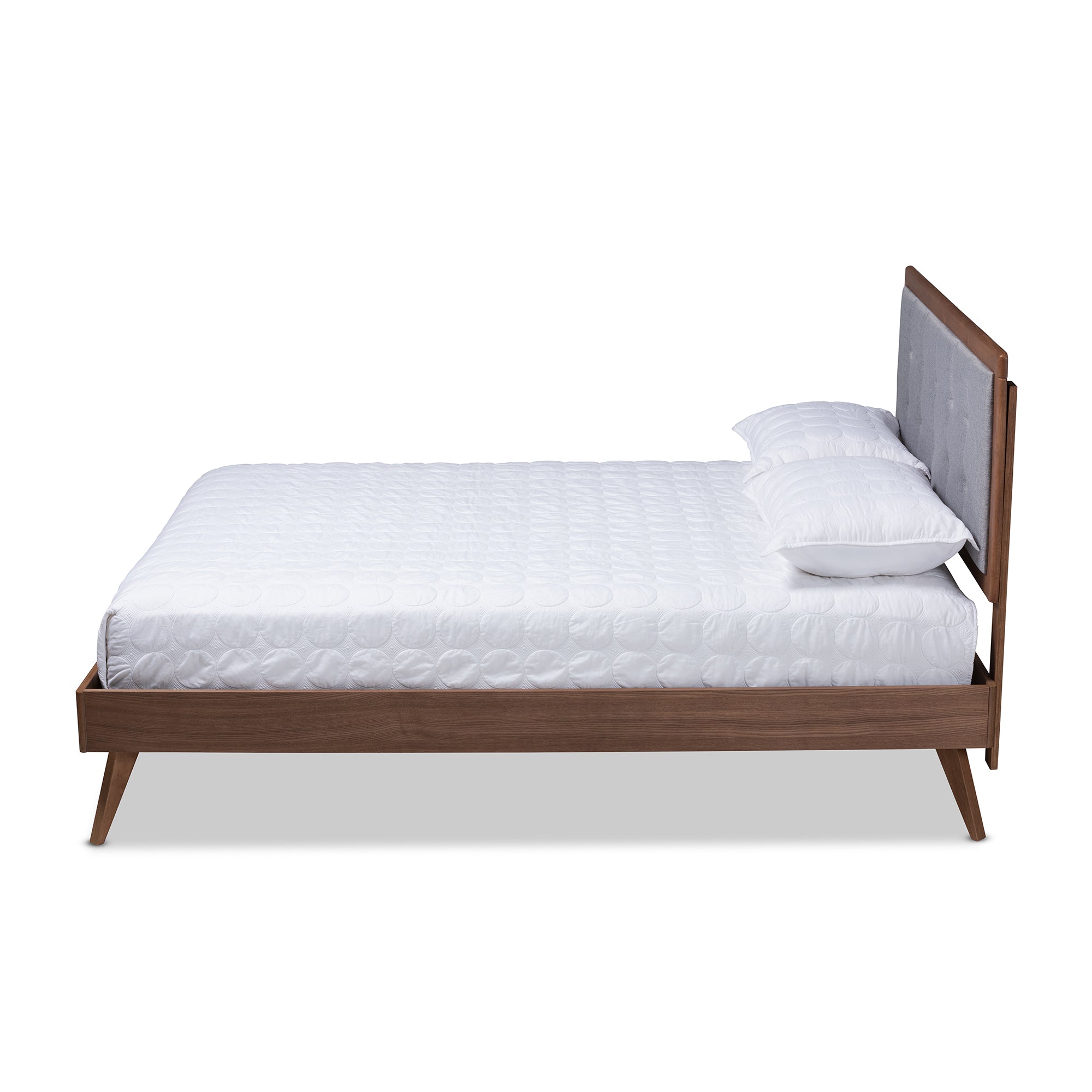 Ines Mid-Century Modern Light Grey Fabric Upholstered Walnut Brown Finished Wood Full Size Platform Bed