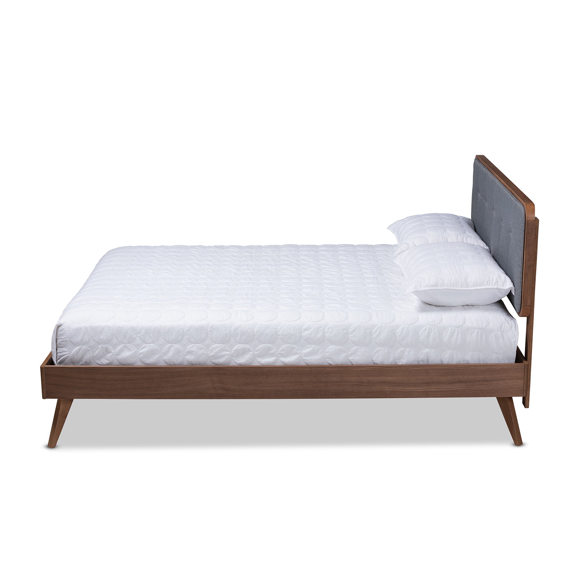 Dilara Mid-Century Modern Dark Grey Fabric Upholstered Walnut Brown Finished Wood Queen Size Platform Bed