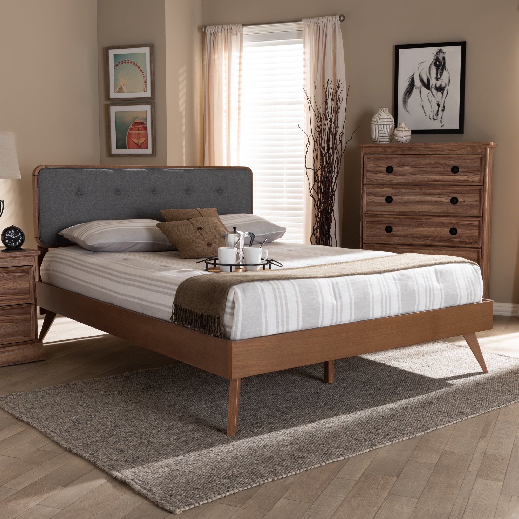 Dilara Mid-Century Modern Dark Grey Fabric Upholstered Walnut Brown Finished Wood Queen Size Platform Bed
