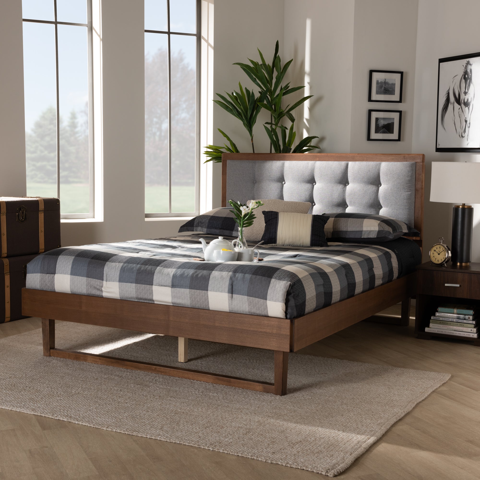 Viviana Queen Bed Light Grey Fabric & Ash Walnut Contemporary Design