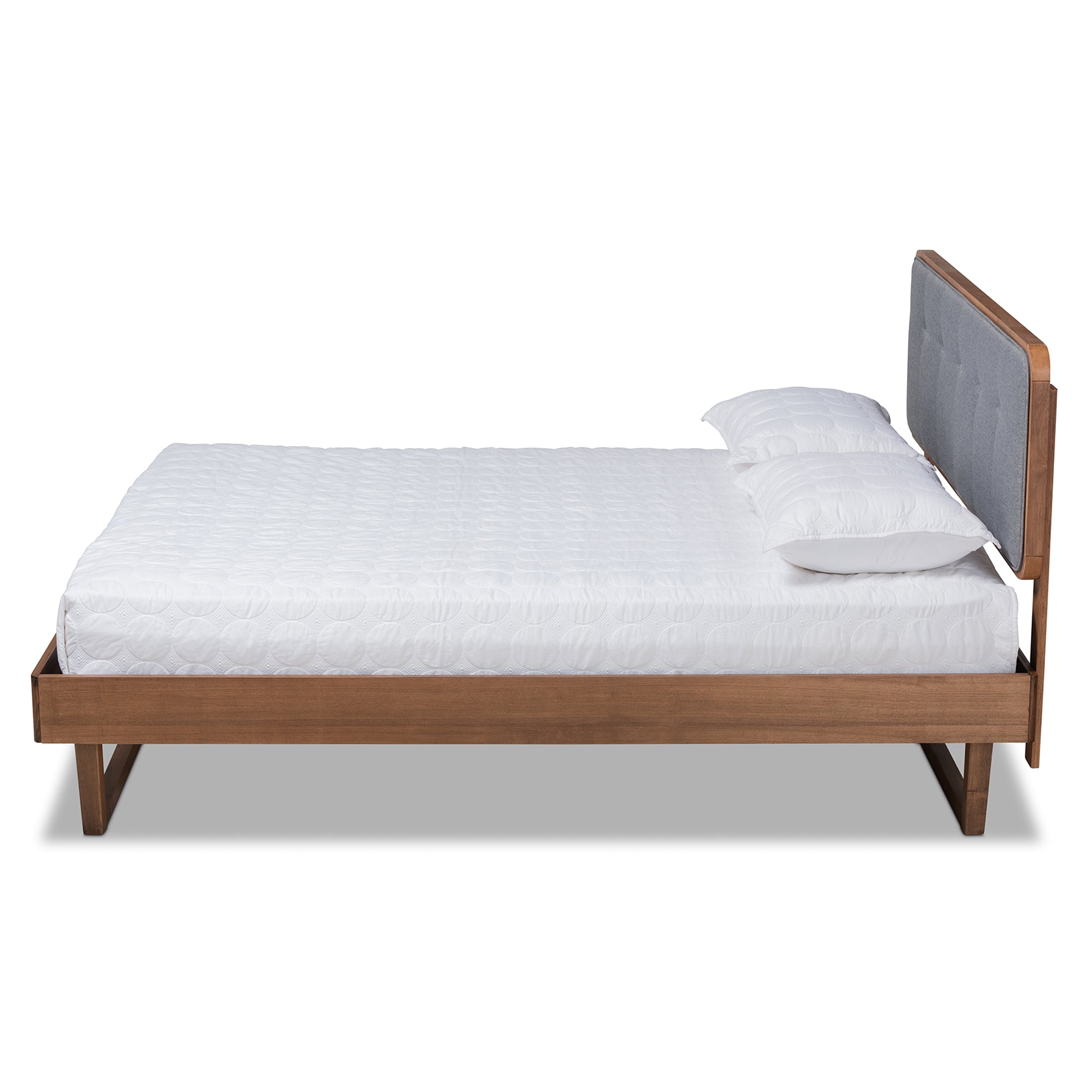 Natalia Queen Bed Dark Grey Fabric, Ash Walnut Mid-Century Modern